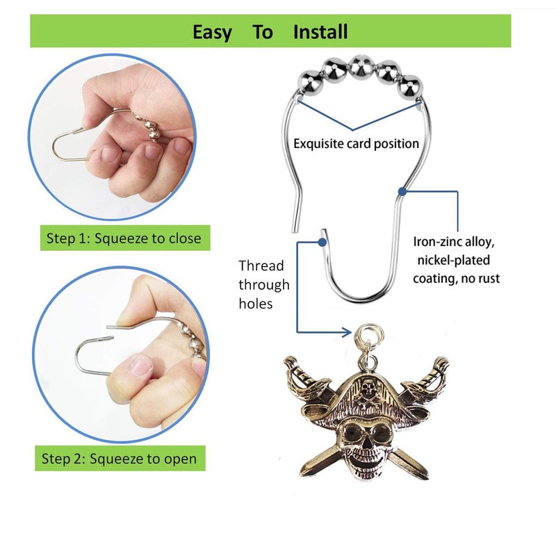 Aimoye Nautical Shower Curtain Hooks Rings - Pirate Skull Anchor Rudder Decorative Bathroom Accessories Set, Silver Metal Shower Hooks for Shower Curtain, Tropical Ocean Beach Sea Theme Bathroom Decor - Image 5